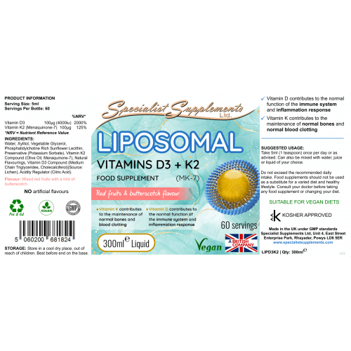 Vegan liposomal vitamin D3 and K2 liquid 300ml 1